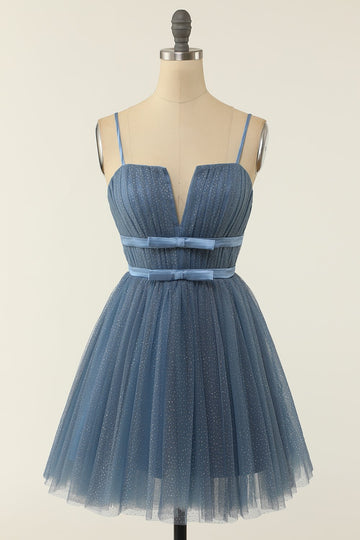 A Line Spaghetti Straps Blue Grey Short Graduation Dress
